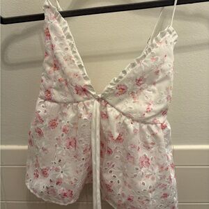 SHEIN White and Pink Eyelet Lace Top